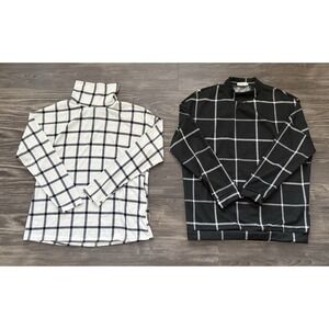 Lot Of 2 Bohme Gingham Print Black And White Long Sleeve Tops Size Small Dressy‎